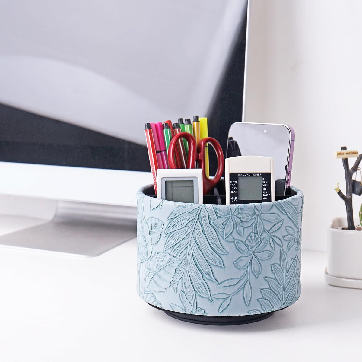 Round Leather Art Supply Organizer,Remote Control Holder,360 Degree Rotating,Multi-Functional Pencil Holder,4 Compartments Desktop Stationary Organizer(1-Blue Bird) - Colors A