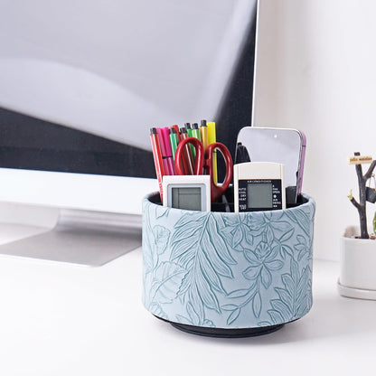 Round Leather Art Supply Organizer,Remote Control Holder,360 Degree Rotating,Multi-Functional Pencil Holder,4 Compartments Desktop Stationary Organizer(1-Blue Bird) - Colors A