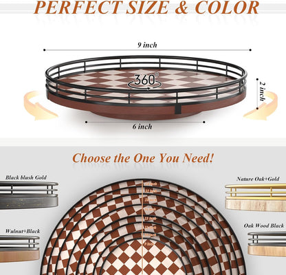 Farmhouse Oak 9" Lazy Susan Turntable Organizer for Cabinet, Round Wooden Lazy Susan Organization and Storage for Dining Table, Pantry, Kitchen, Countertop, Cupboard,Home Decor, Walnut Wood