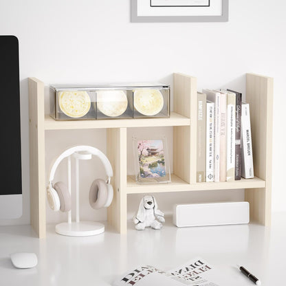 Jerry & Maggie Desktop Organizer Office Storage Rack Adjustable Wood Display Shelf Free Style Double H, Multi-Functional Mini Bookshelf for Desk Natural Stand (White)