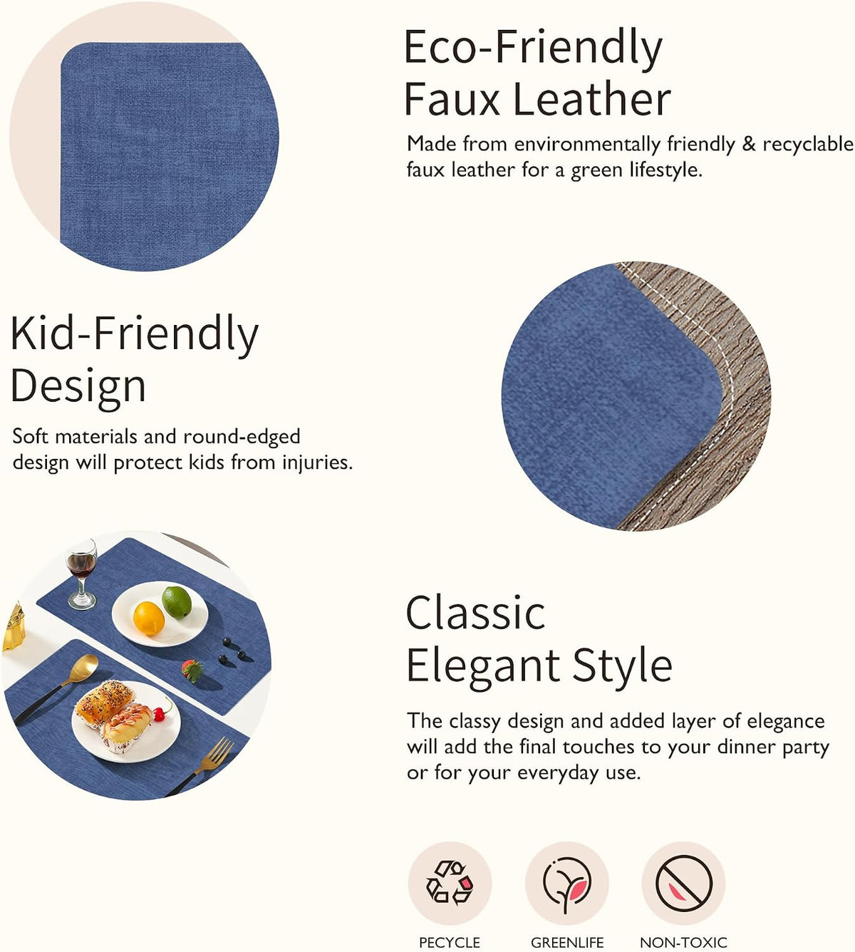 Maxpearl Faux Leather Placemats Set of 6 - Waterproof - Wipe Clean - Heat Resistant - Anti Slip Dining Table Place Mats, Suitable for Indoor & Outdoor Use, 17’’×12’’, Beige
