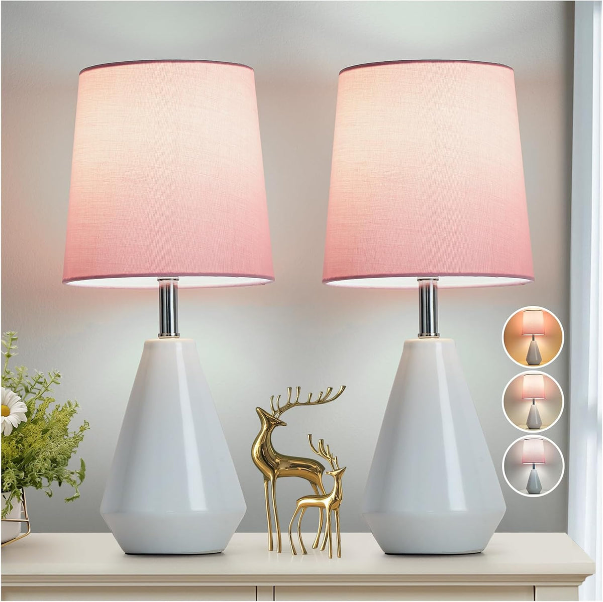 Small Bedside Table Lamp for Bedroom - Reading Desk Lamp with 3 Color Temperatures，15.5" Nightstand Ceramic Lamp with Fabric Shade for Kids Room,Living Room,Dorm,Home Office (Green)