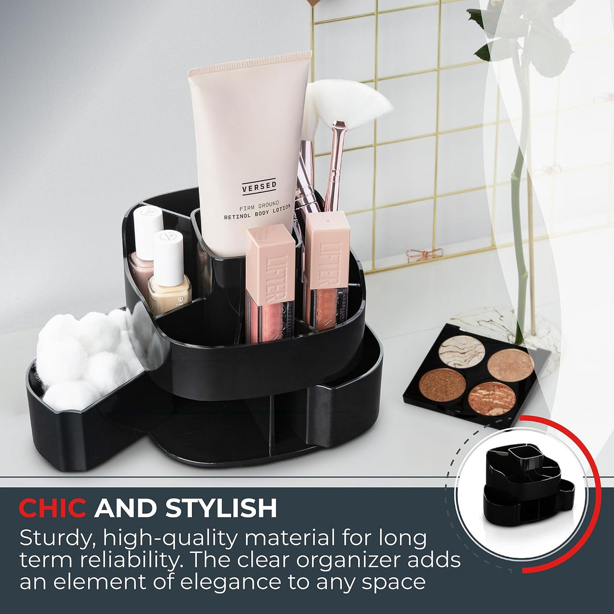 Masirs 360 Rotating Makeup Organizer Countertop - Adjustable Shelf Height - The Perfect Round Spinning Cosmetic Organizer for Bedroom Dresser or Vanity Countertop Storage (Clear)