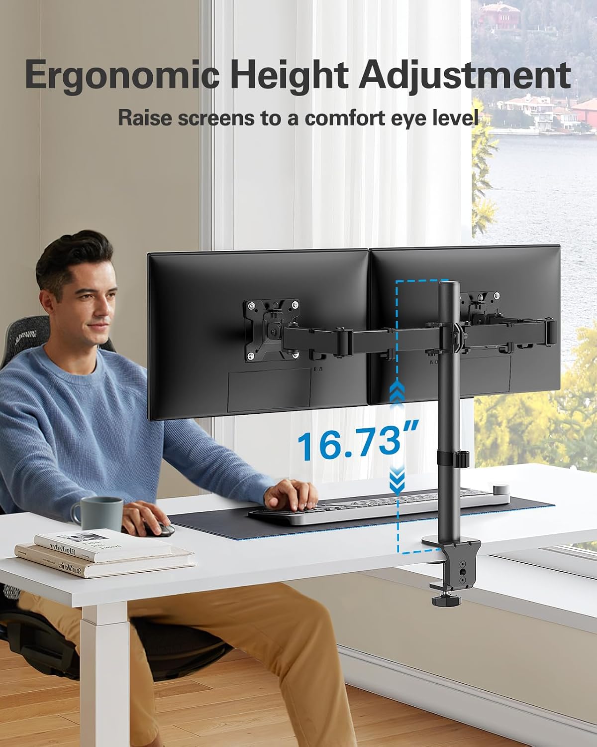 HUANUO Dual Monitor Mount up to 32 Inch Screens, Heavy-Duty Steel Dual Monitor Stand, Full Motion Adjustable Arm with Tilt, Swivel, Rotate, Holds up to 17.6 lbs per Arm, VESA 75/100mm