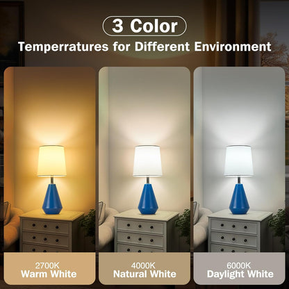 Small Bedside Table Lamp for Bedroom - Reading Desk Lamp with 3 Color Temperatures，15.5" Nightstand Ceramic Lamp with Fabric Shade for Kids Room,Living Room,Dorm,Home Office (Green)