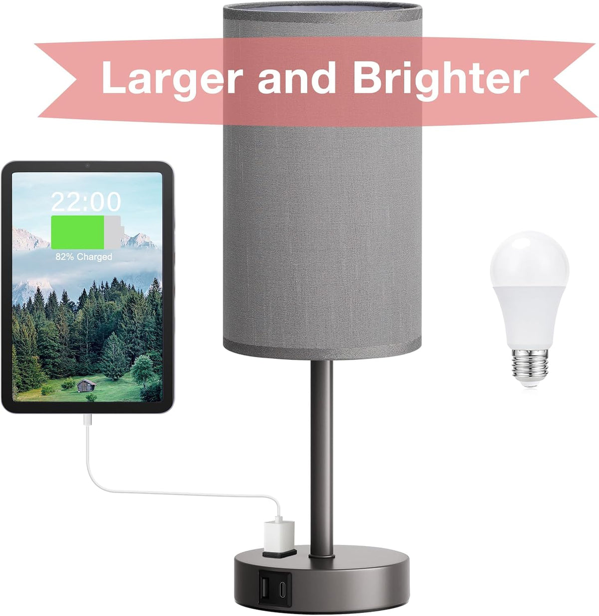 Fenmzee Bedside Table Lamp for Bedroom - Dimmable Touch, USB A+C, AC Outlet