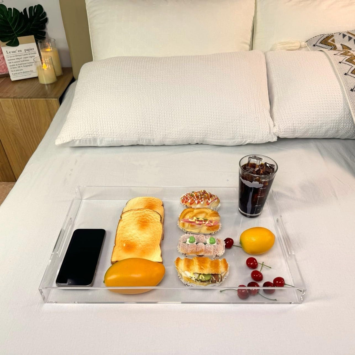 KEVLANG Glossy White Sturdy Acrylic Serving Tray with Handles-12x20 Inch-Serving Coffee Appetizer Breakfast-Kitchen Countertop Makeup Drawer Organizer-Vanity Table Ottoman Decorative Tray