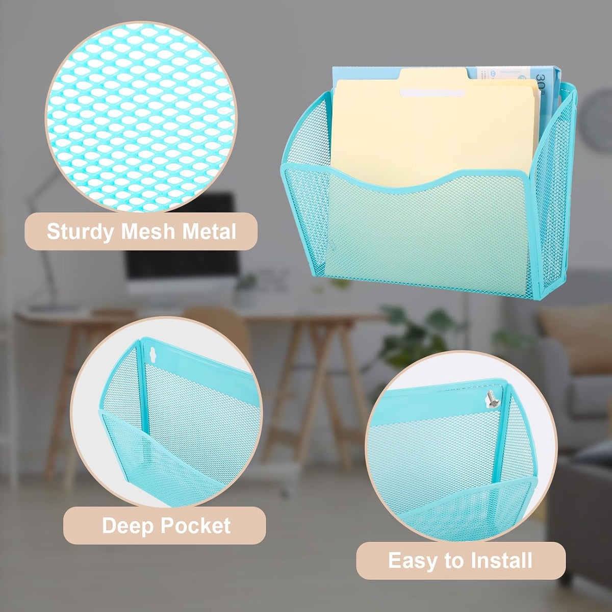 EASEPRES 3 Single Pocket Mesh Hanging File Organizer, Vertical Wall Mounted Magazine File Holder, Mount Basket Mail Paper Document Folder Organizing for Office, Home and School, Black