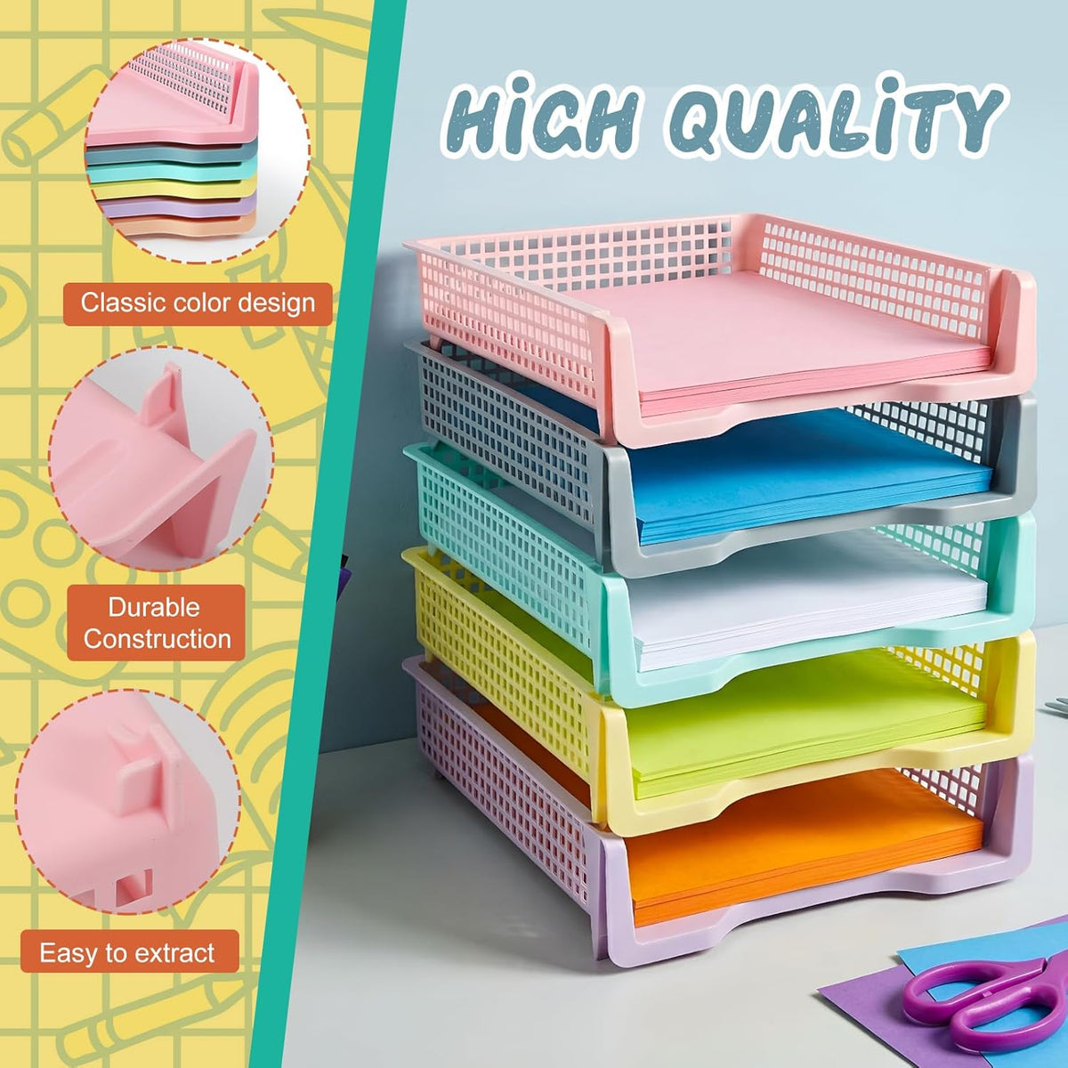 Tenceur 6 Pcs Turn in Trays Classroom, Pastel Paper Tray for Classroom Organization and Storage Stackable Plastic Book Baskets Teacher Organizers for Library Drawers Office Desk