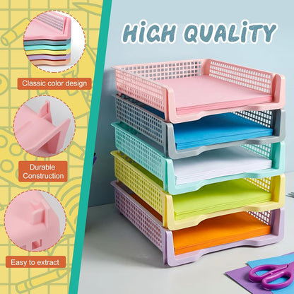 Tenceur 6 Pcs Turn in Trays Classroom, Pastel Paper Tray for Classroom Organization and Storage Stackable Plastic Book Baskets Teacher Organizers for Library Drawers Office Desk