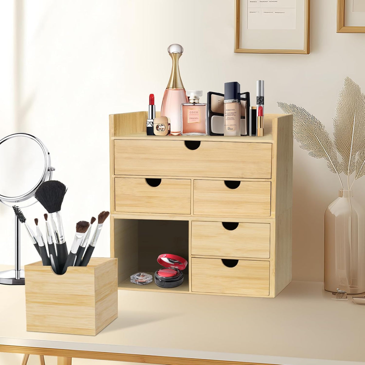 Bamboo Desk Organizer, Desktop Organizer with 3 Drawer, Tabletop Storage Organization Box for Bills, Countertop, Home Office Supplies