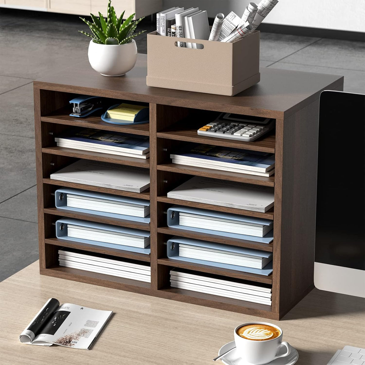VEVOR Literature Organizers, 12 Compartments Office Mailbox with Adjustable Shelves, Wood Literature Sorter 20.4x12x16.1 inches for Office, Home, Classroom, Mailrooms Organization, EPA Certified White
