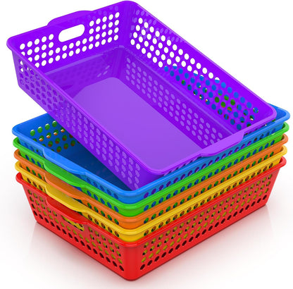 QRRICA 6 Pack Plastic Classroom Storage Baskets, Paper Trays for Classroom Organization & Turn in Trays for Teachers, Students, Desk Organizer Bin 13.8x10.6x3.1 Inch (Rainbow)