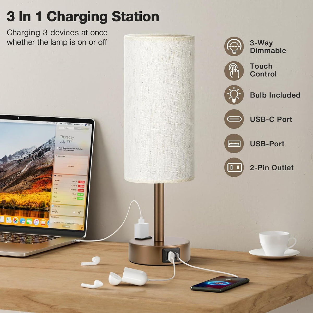 Fenmzee Bedside Table Lamp for Bedroom - Dimmable Touch, USB A+C, AC Outlet
