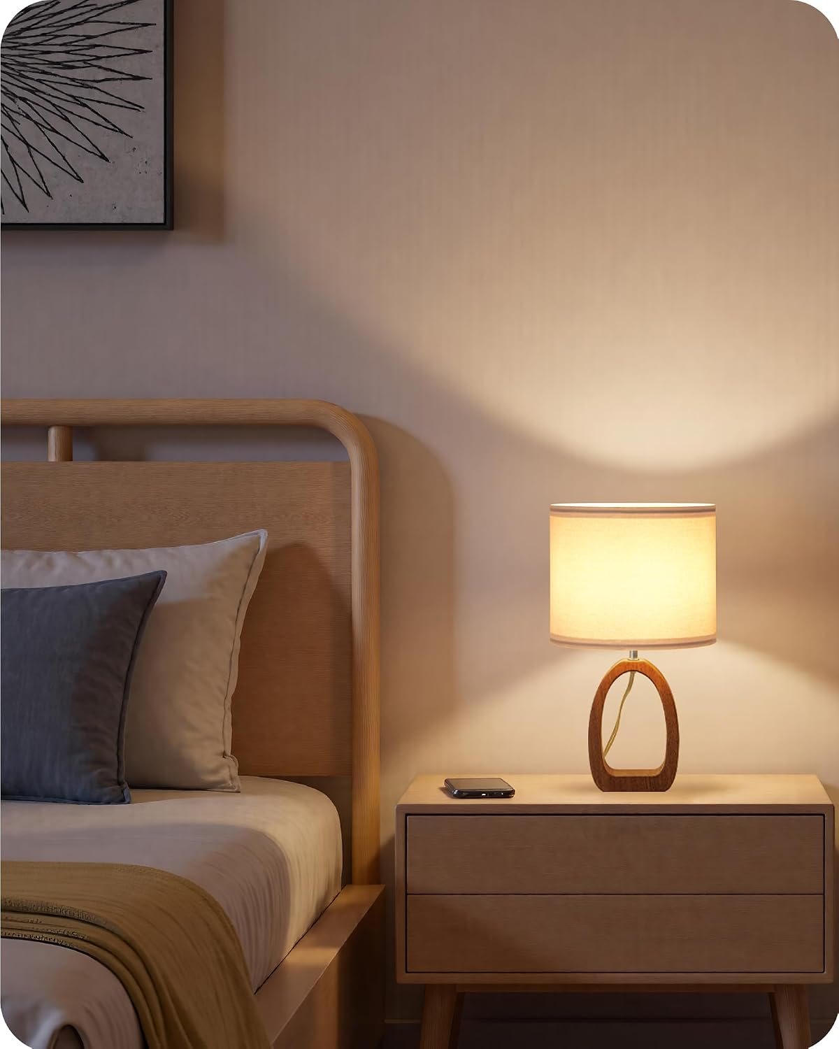 Small Table Lamp, 14.2" Cute Little Desk Lamp, Wood Bedside Lamp with Linen Lampshade, Modern Nightstand Lamp for Bedroom, E26 Base, Bulb Not Included, Beige and Dark Natural LE07TL05