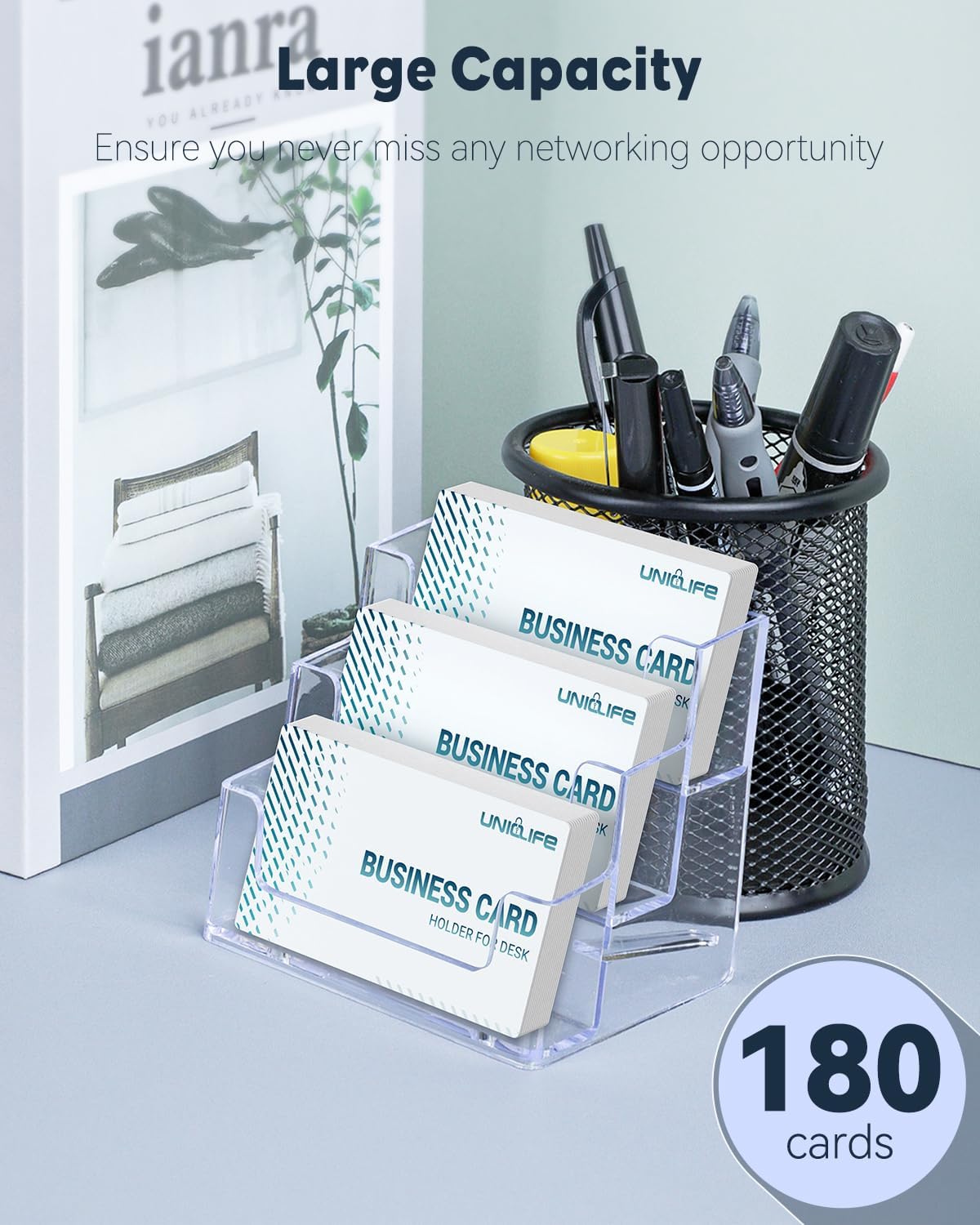 Uniclife Acrylic Business Card Holder for Desk 1 Slot Clear Business Card Display Stand for Men & Women Desktop Business Card Organizer Card Stand for Office Home Exhibition, 60 Card Capacity