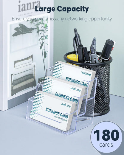 Uniclife Acrylic Business Card Holder for Desk 1 Slot Clear Business Card Display Stand for Men & Women Desktop Business Card Organizer Card Stand for Office Home Exhibition, 60 Card Capacity