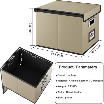 Upgraded Portable File Organizer Box with Lid, Collapsible Linen Hanging Filing Storage Boxes with Plastic Slides, Decorative Home/Office Filing System Box for File and Folders Storage (Gray)