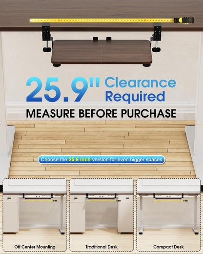 Small Keyboard Tray Under Desk, Pull Out Keyboard & Mouse Tray with Adjustable C-clamp, 20(25.9 Including Clamps) x 11.8 Inch Slide Out Computer Keyboard Drawer Mouse Tray for Typing, Walnut