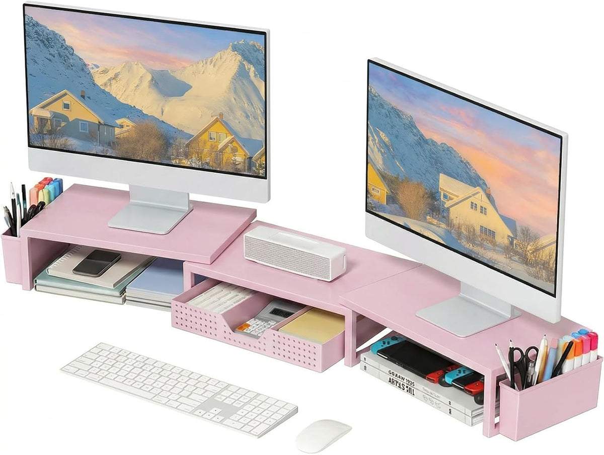 OPNICE Desk Organizers and Accessories, Dual Monitor Stand Riser with Drawer and 2 Pen Holders, Desk Shelf Metal Computer Racks for Office Workspace Organizers, Desktop Organization (Black Metal)