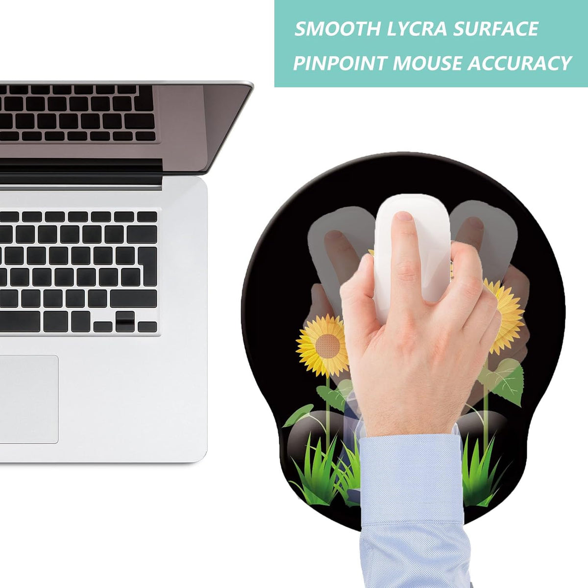 Mouse Pad with Wrist Support, Ergonomic Mouse Pad with Memory Foam Wrist Rest Cushion, Non-Slip Rubber Base Gaming Mice Pad for Home Office Computer Laptop, Flower Black