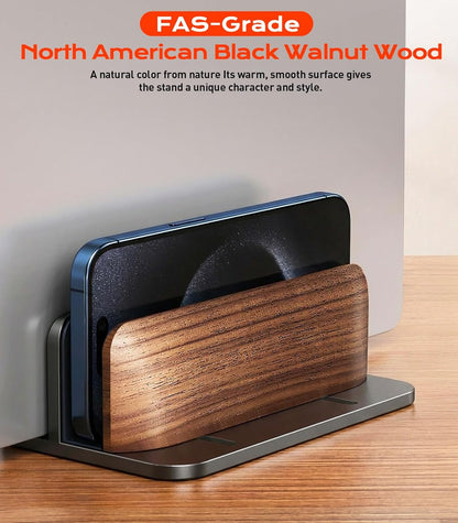 JCZT Vertical Laptop Stand, Walnut Dual Laptop Holder with Adjustable Aluminum Alloy Base Laptop Stand Compatible with All MacBok/Surface/Samsung/HP/Dell/Chrome Book (Silver)