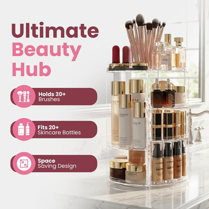 Masirs 360 Rotating Makeup Organizer Countertop - Adjustable Shelf Height - The Perfect Round Spinning Cosmetic Organizer for Bedroom Dresser or Vanity Countertop Storage (Clear)