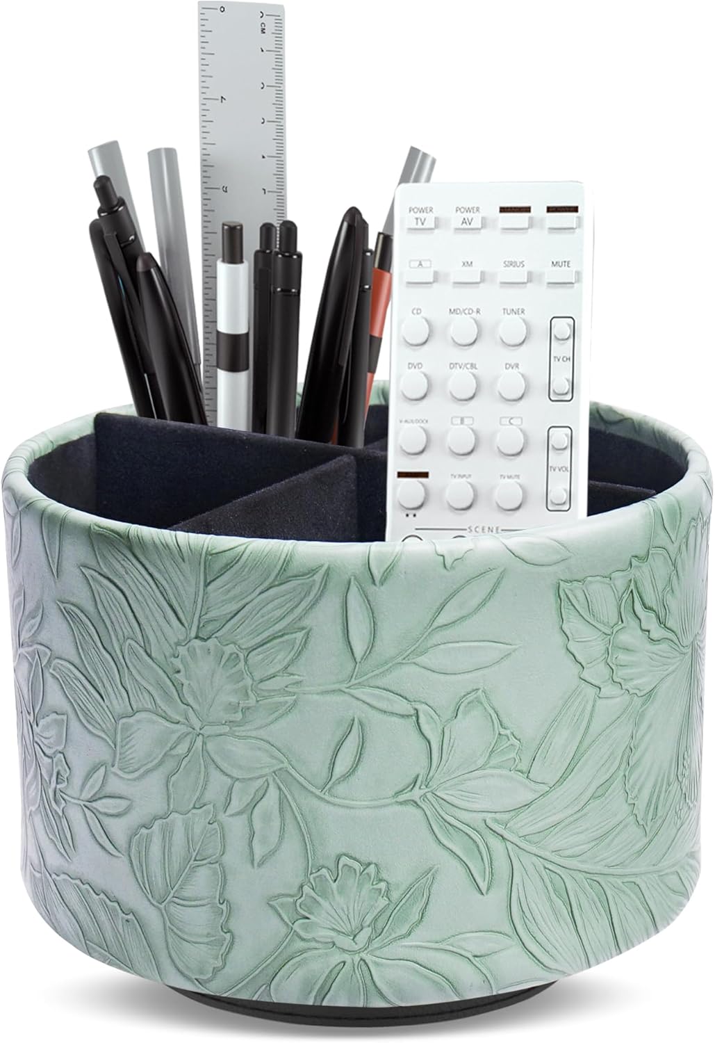 Round Leather Art Supply Organizer,Remote Control Holder,360 Degree Rotating,Multi-Functional Pencil Holder,4 Compartments Desktop Stationary Organizer(1-Blue Bird) - Colors A