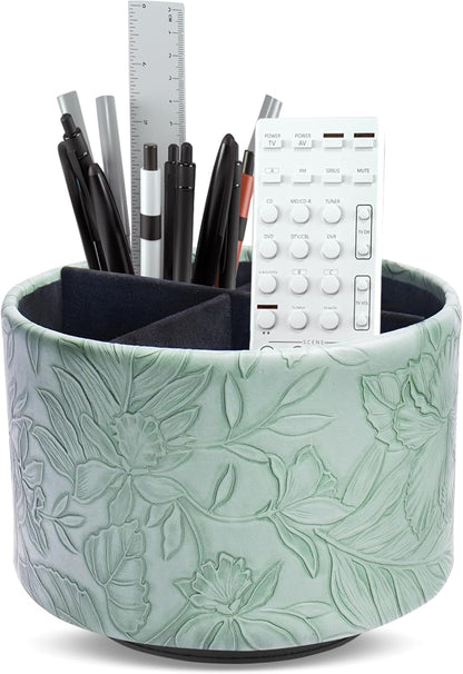 Round Leather Art Supply Organizer,Remote Control Holder,360 Degree Rotating,Multi-Functional Pencil Holder,4 Compartments Desktop Stationary Organizer(1-Blue Bird) - Colors A