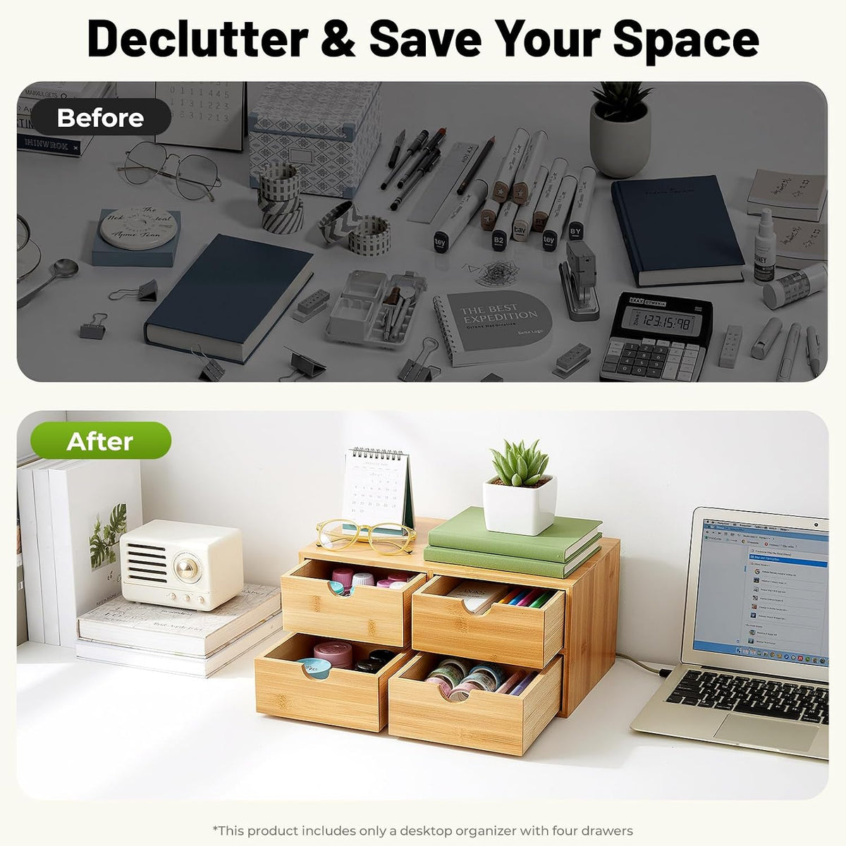 Desk Organizer, Office Vanity Bamboo Desk Organizer, Mini Bamboo Desk Drawer Tabletop Storage Box with 2 Drawer Night Stand Table Organizer for Makeup Vanity Office Supplies (2 Drawer)