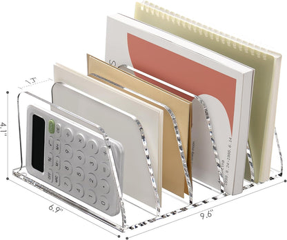 SANRUI Acrylic Mail Sorter Desktop Organizer Holder with Drawer, 5 Compartments Clear Small File Script Letter Document Storage for Desk Bill Filling Envelope Holder Office, Home, School Organization