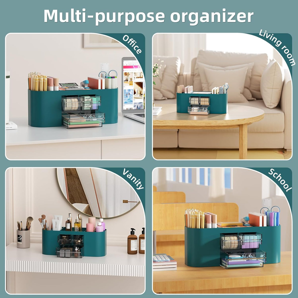 Marbrasse Desk Organizer Pen Holder for Desk with 3 Drawers, Multi-Functional Pencil Holder, Desk Organizers and Accessories with 7 Compartments for Home, School, Classroom(Pink)