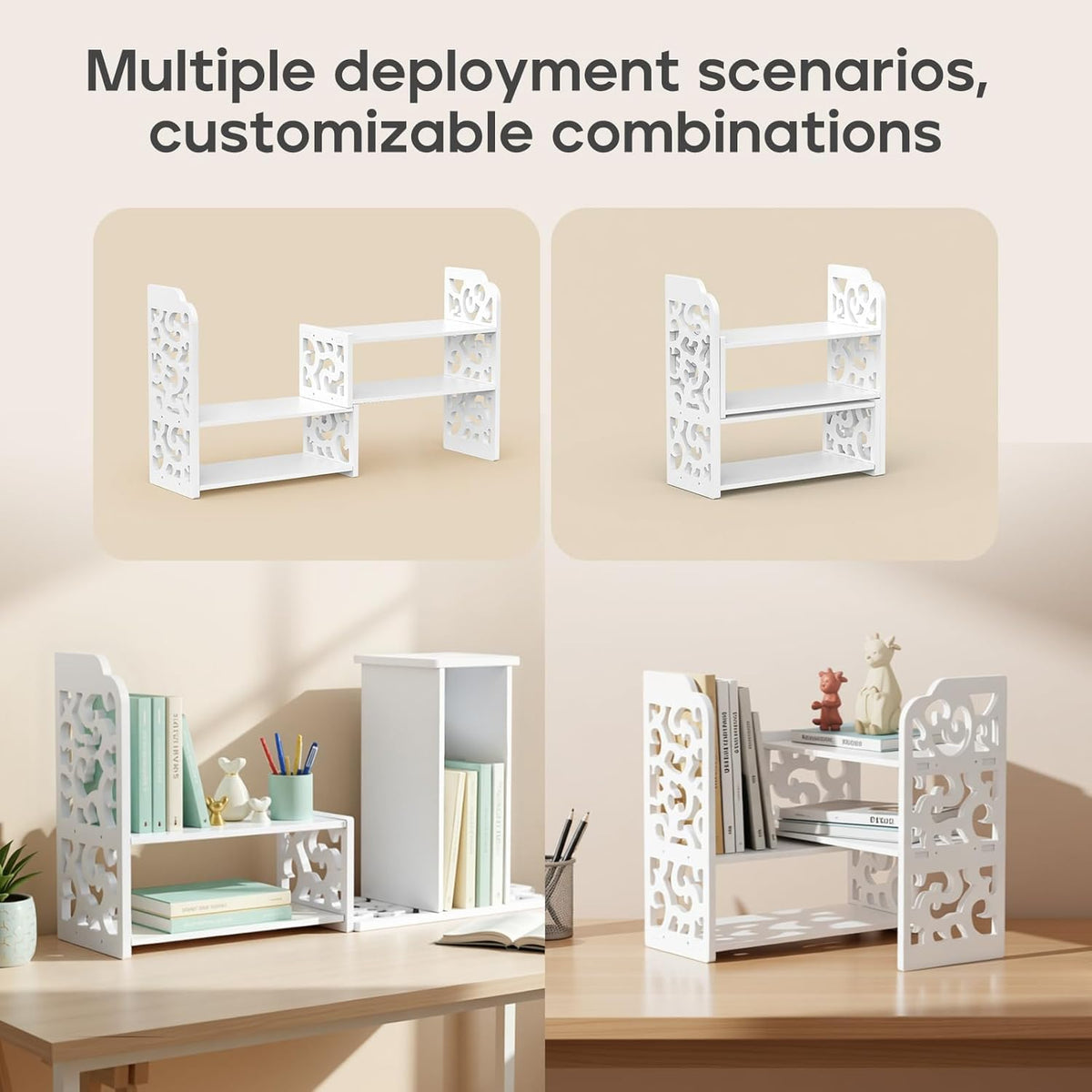 Desktop Shelves, White Bookshelf Desktop Organizer and Desktop Storage