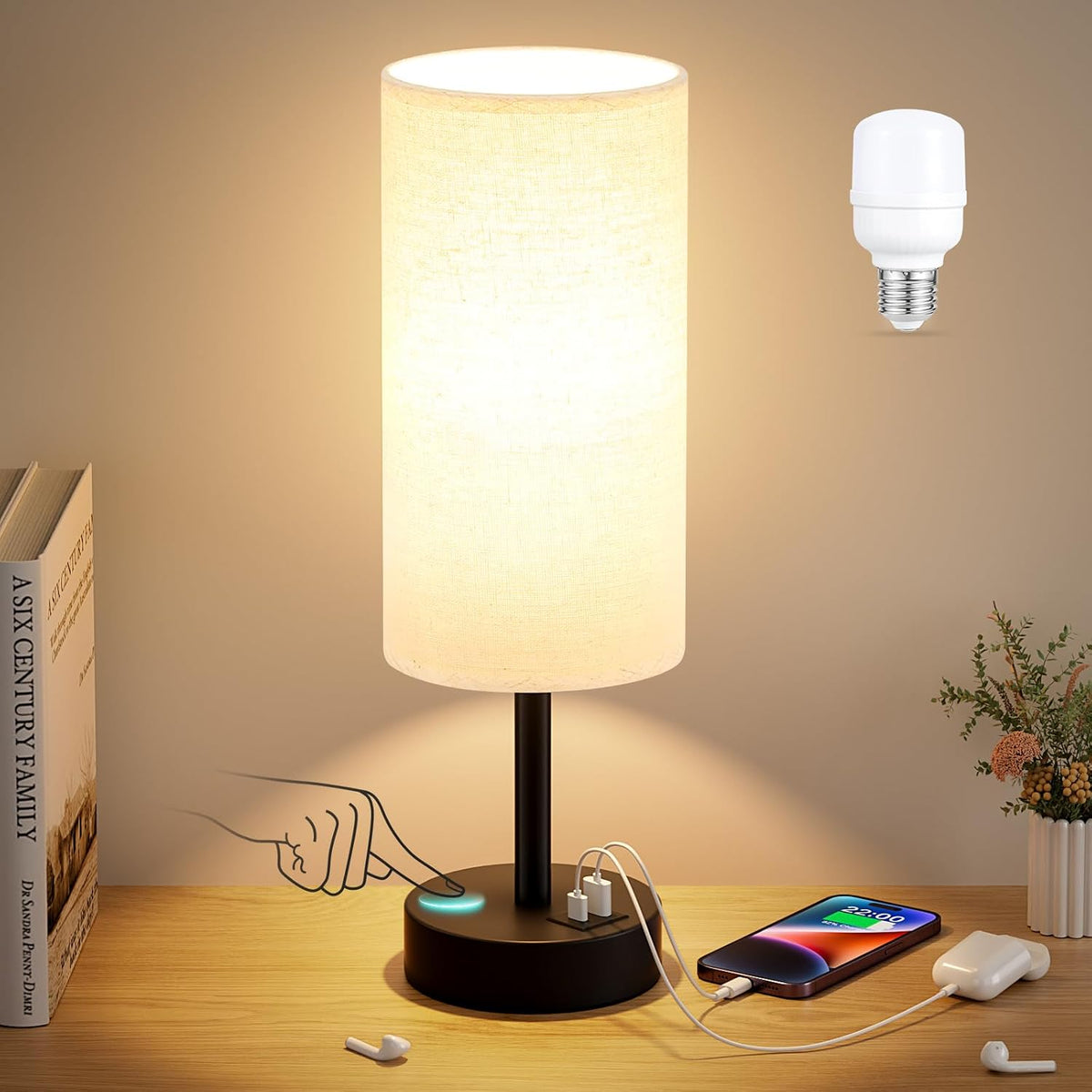 Dicoool Bedside Table Lamp for Bedroom - 3-Way Dimmable Touch Lamp, USB A+C