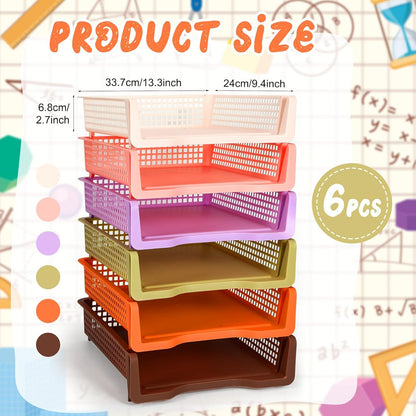 Tenceur 6 Pcs Turn in Trays Classroom, Pastel Paper Tray for Classroom Organization and Storage Stackable Plastic Book Baskets Teacher Organizers for Library Drawers Office Desk