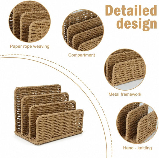 Desk Mail Organizer, 3-Slot Woven Letter Sorter File Tray, Multi-Purpose Desk Holder for Envelopes, Bills, Documents, Notebooks, Office and Home Use