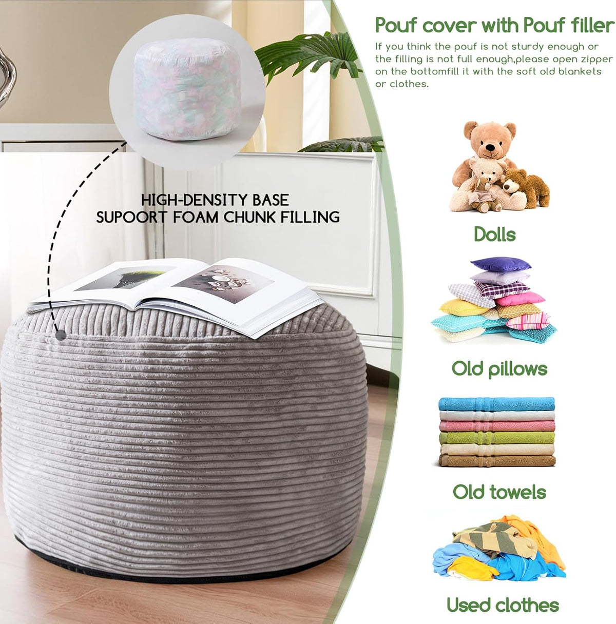 Round Stuffed Pouf Ottoman, Corduroy Poufs with Foam Chunk Filling, Furry and Fluffy Pouf Foot Stool Storage Ottoman, 20 X 15 Floor Poufs Foot Rest for Living Room, Dark Grey
