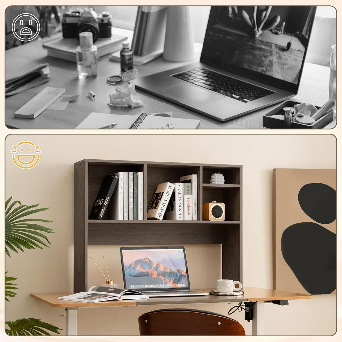 Desktop Bookshelf, Countertop Storage Hutch with 5 Shelves for Computer Desk, Desk 3-Tier Display Rack, Multipurpose Wood Desktop Hutch Storage Organizer for Dorm Office Home