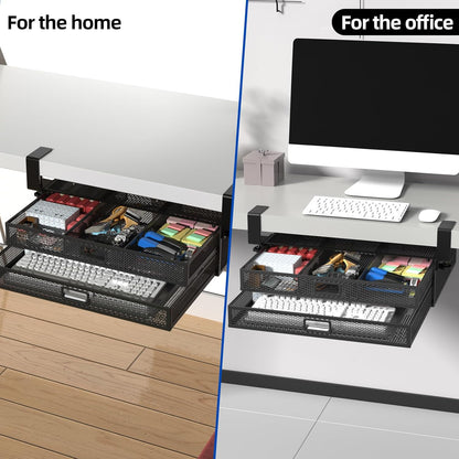 Under Desk Drawer Organizer No Drill Metal Under Desk Storage Drawer Container 2 Slide Out Cabinet Drawer Suitable for Home And Office (Extra Large)