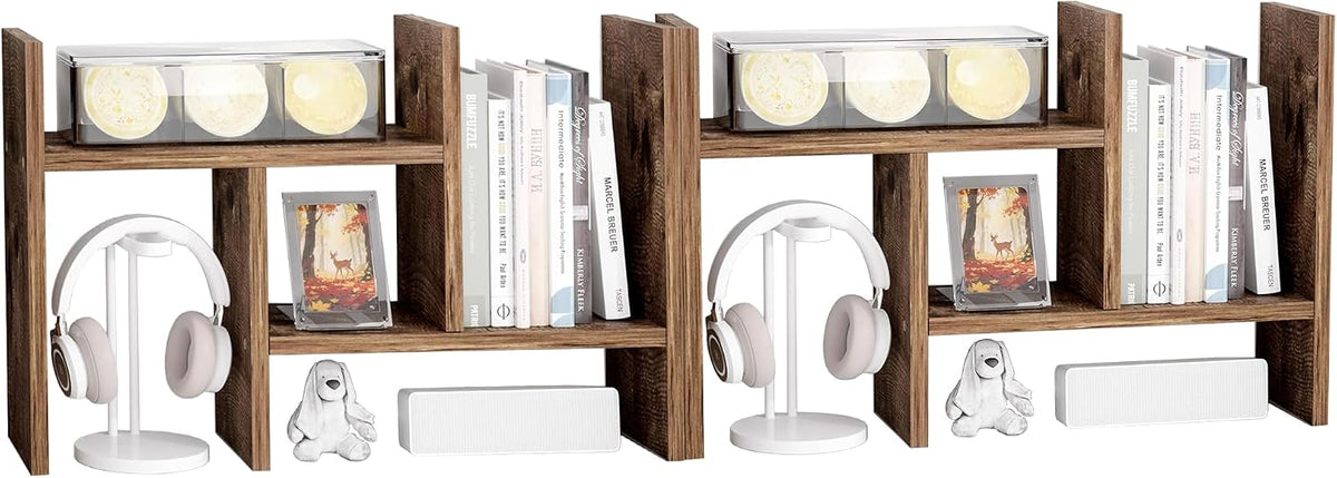 Jerry & Maggie Desktop Organizer Office Storage Rack Adjustable Wood Display Shelf Free Style Double H, Multi-Functional Mini Bookshelf for Desk Natural Stand (White)