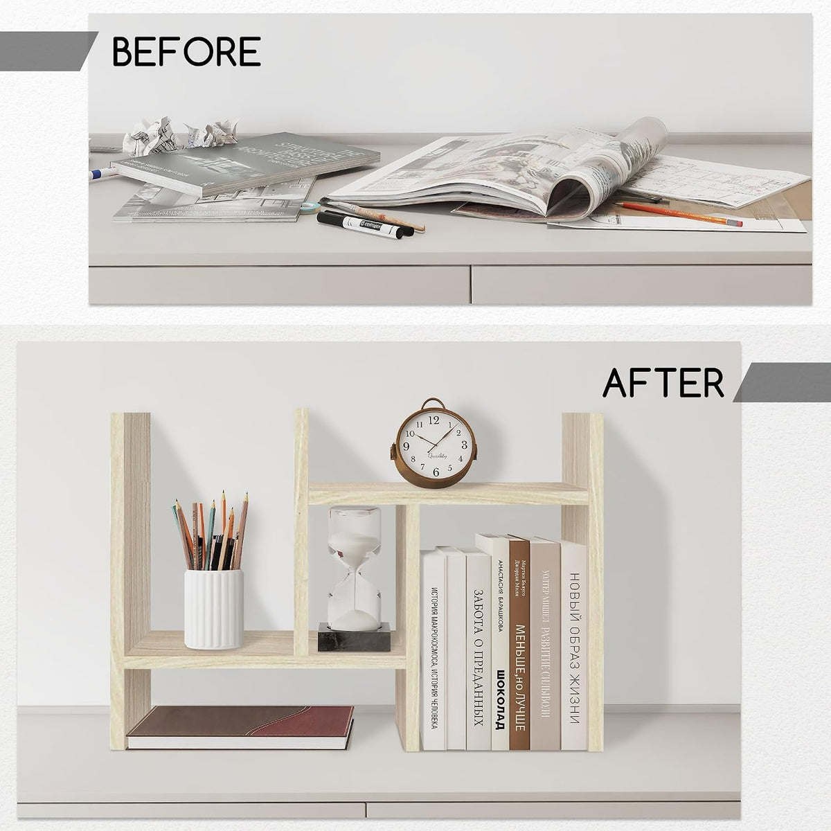 Jerry & Maggie Desktop Organizer Office Storage Rack Adjustable Wood Display Shelf Free Style Double H, Multi-Functional Mini Bookshelf for Desk Natural Stand (White)