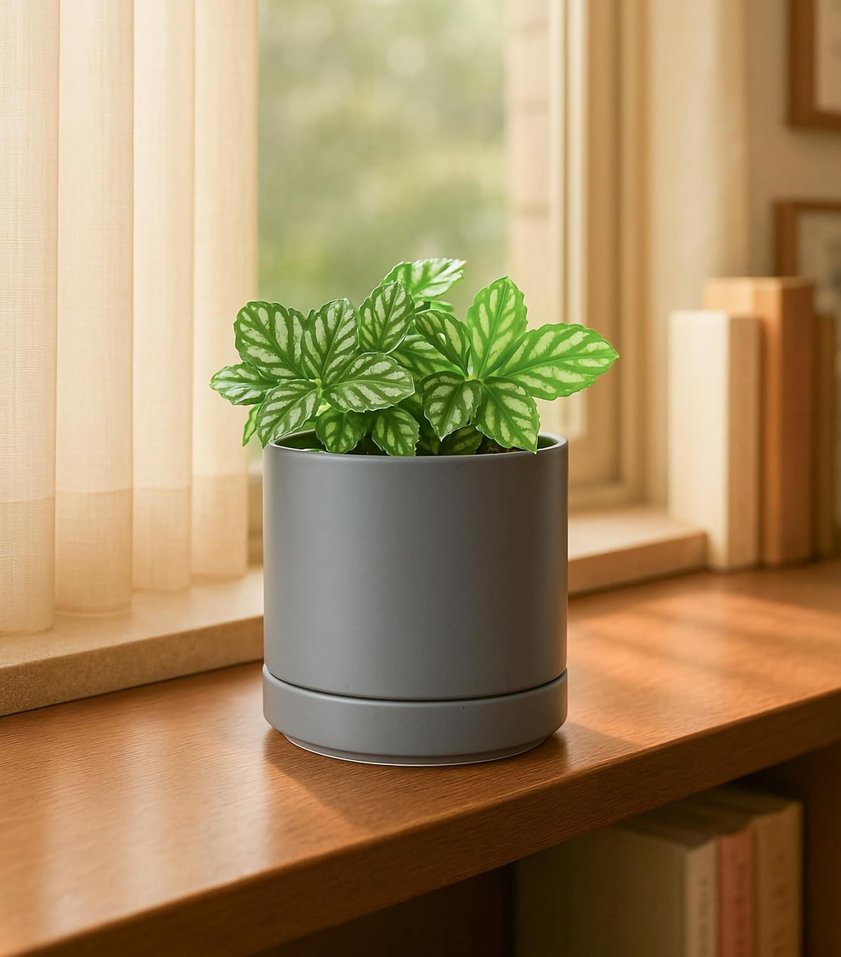 D'vine Dev 4.7 Inch Ceramic Planter Pot with Drainage Hole and Saucer, Indoor Cylinder Round Planter Pot, Teal, 94-O-B-9
