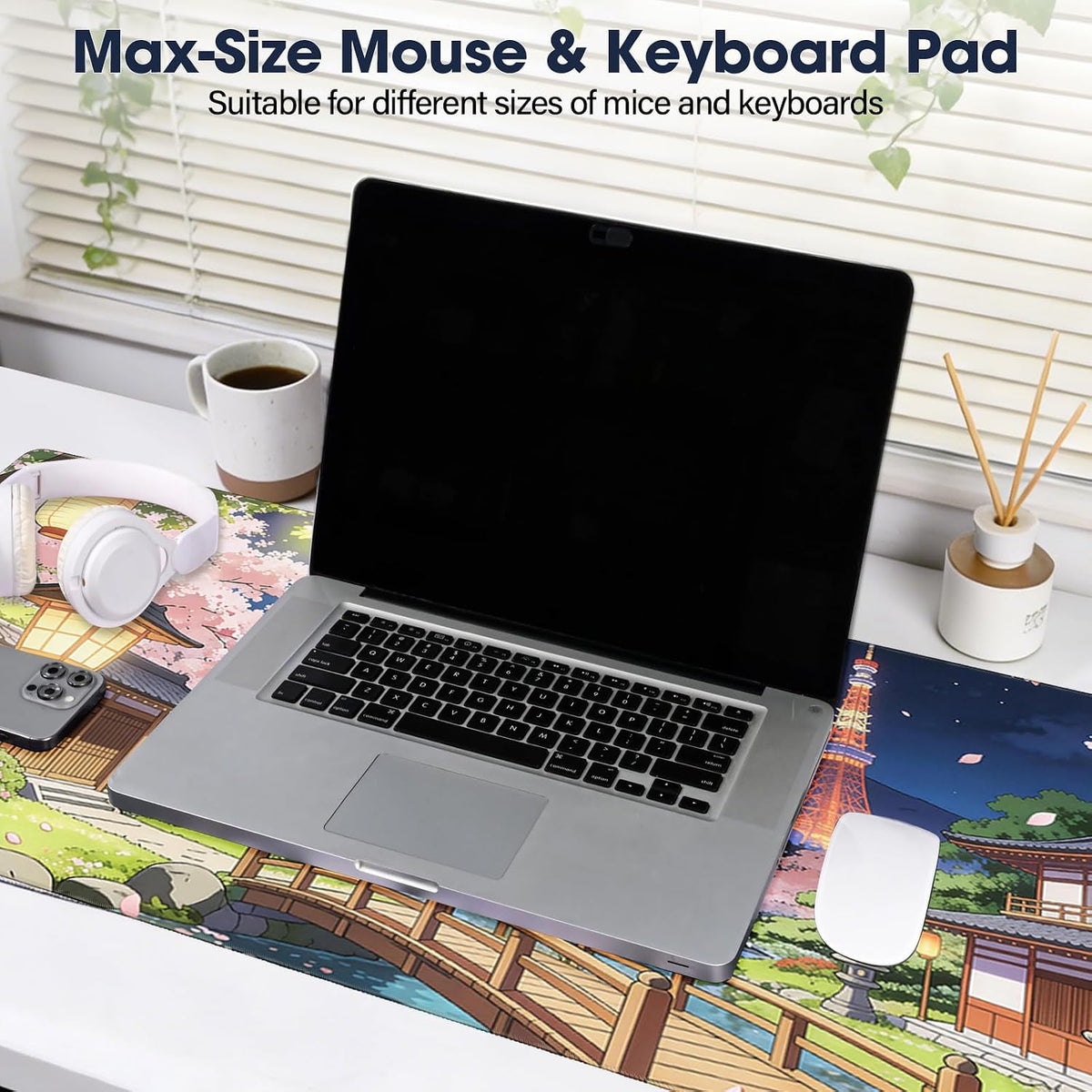 31.5" x 15.7" Waterproof Fabric Desk Pad, Rubber Anti-Slip Base, Stitched Edges No Curling, Fits Laptop Keyboard and Mouse, Smooth Office Mat Large Mouse Pad for Work Game, Black