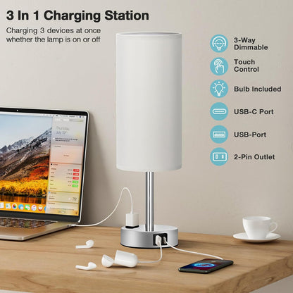 Fenmzee Bedside Table Lamp for Bedroom - Dimmable Touch, USB A+C, AC Outlet