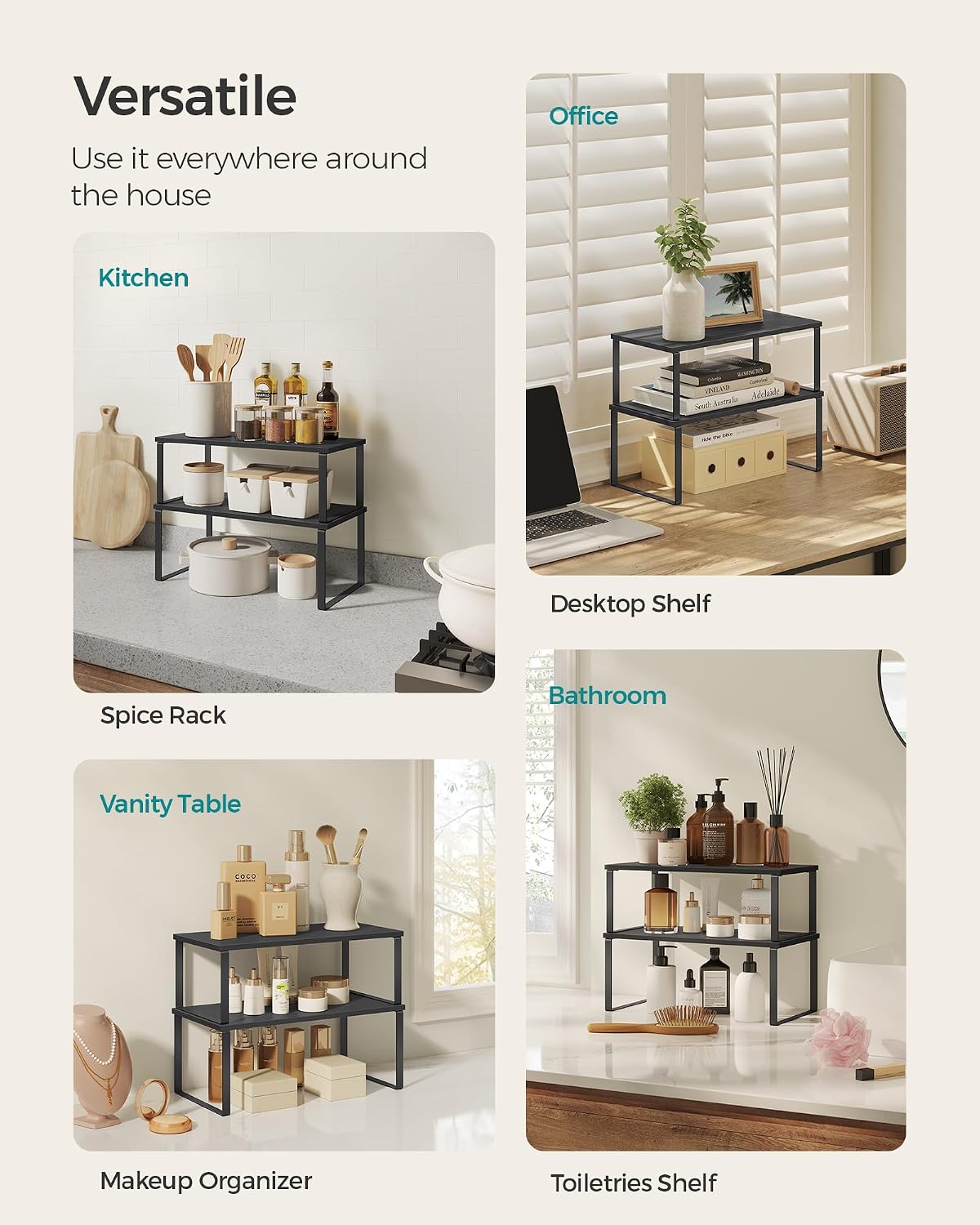 SONGMICS Cabinet Organizer Shelf, Set of 4 Kitchen Counter Shelves, Kitchen Storage, Spice Rack, Stackable, Expandable, Metal and Engineered Wood, Cloud White and Natural Beige UKCS010N01
