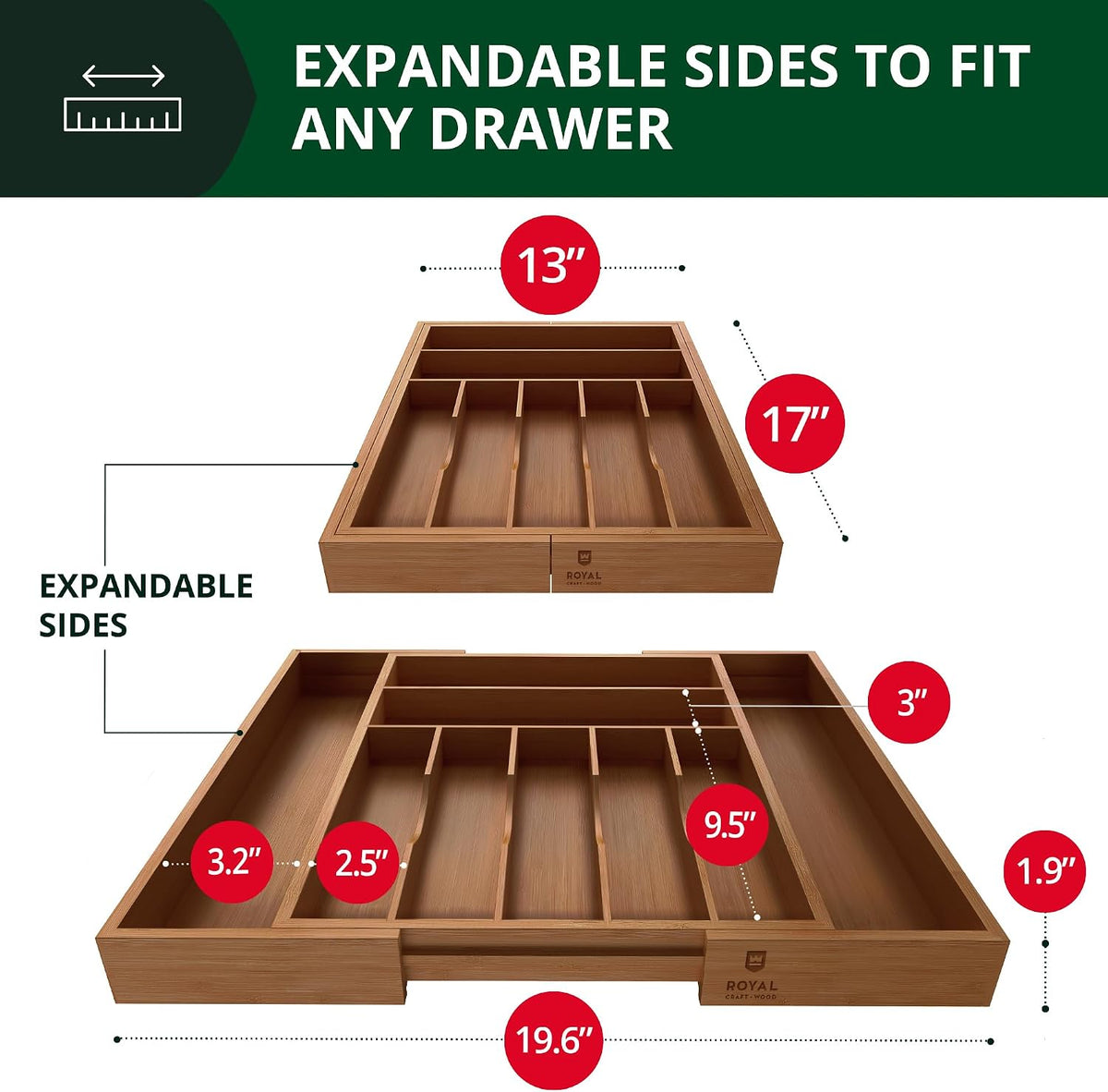 ROYAL CRAFT WOOD Luxury Bamboo Kitchen Drawer Organizer - Silverware Organizer, Utensil Holder & Cutlery Tray Drawer Dividers for Flatware (9 Slot, Natural)