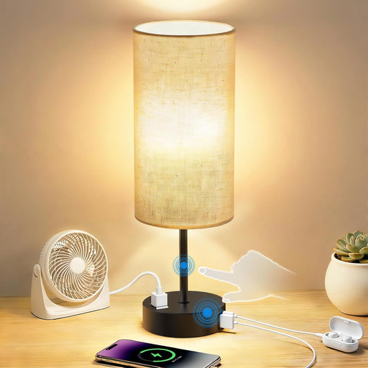 Table Lamp for Nightstand, High-Sensitivity Touch, 3-Level Dimmable Bedside Lamp with AC Outlet | USB | and USB-C, Ideal Night Stand Lamp for Bedroom, Reading, Living Room(Warm&Wooden)