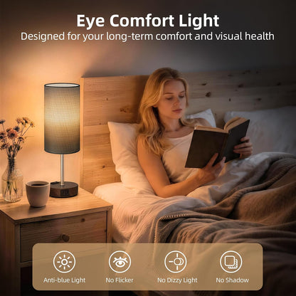 Table Lamp for Nightstand, High-Sensitivity Touch, 3-Level Dimmable Bedside Lamp with AC Outlet | USB | and USB-C, Ideal Night Stand Lamp for Bedroom, Reading, Living Room(Warm&Wooden)