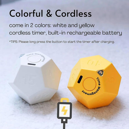 Mini 12 Sided Cube Timer, 11 Preset Times Pomodoro Timer for Enhanced Productivity. Ideal for ADHD Management, Workout, Study & Kitchen Cooking. Easy to Use（White）