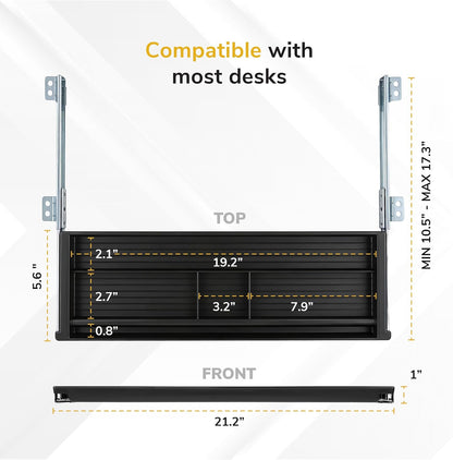 Mount-It! Under Desk Pencil Drawer | 21.25” W, Ball Bearing Slide-Out Organizer for Office Supplies, Paper & Pencils | Fits Desks Over 1” Thick, Adjustable Extension 16.25”–28”